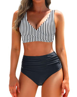 Damen Bikini Set Mit Hochtaillierten Shorts – Figurformende Bademode – Gestreift