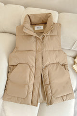 Damen wattierte Utility-Weste mit Stehkragen und großen Pattentaschen – Khaki