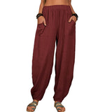 Damen nan lockere Leinenhose mit weitem Bein elastischem Bund und großen aufgesetzten Taschen Drune – Weinrot