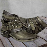 Damen Western Stiefeletten mit Schnallenriemen und Ketten – Grün