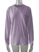 Damen nan legeres Langarmshirt mit V-Notch-Ausschnitt, Brusttasche und lockerer Oversize-Passform Drune – Mit Tasche - Helllila - Langarm