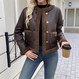 Damen Kurzjacke mit Kragen und aufgesetzten Taschen – Dunkelbraun