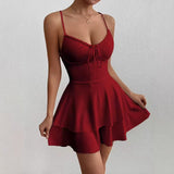 Damen Elegantes Skaterkleid Mit Spaghettiträgern – Fließendes Elegantes Kleid – Rot