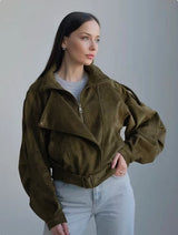 Damen Kurzjacke mit asymmetrischem Reißverschluss und tailliertem Schnitt – Olivgrün