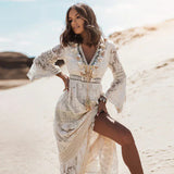 Doris | Damen Boho Langarm Maxikleid – Beige