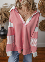 Damen Oversized V-Ausschnitt Gestreifter Sweatshirt – Pink