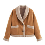 Damen Kurzjacke mit Knöpfen und Taschen – Khaki