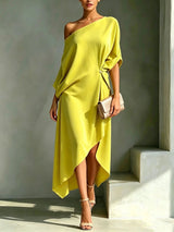Camila | Damen-Ein-Schulter-Maxikleid mit Seitenschlitz – Gelb