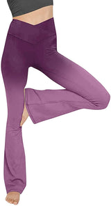 Damen nan taillenhohe Yogahose mit überkreuztem Bund und ausgestelltem Saum mit Schlitz Drune – Verlauf Violett