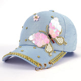 Damen Baseballmütze mit Schmetterlingsmotiv und Strassverzierungen – Himmelblau