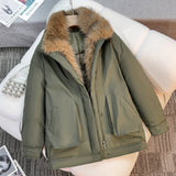 Damen mittellanger Winterparka mit abnehmbarem Kunstfellkragen – Grün