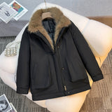 Damen mittellanger Winterparka mit abnehmbarem Kunstfellkragen – Schwarz