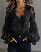 Damen Bluse Mit Langen Puffärmeln Und Spitze – Elegantes Vintage Oberteil – Schwarz