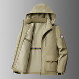 Herren gefütterte Softshell-Winterjacke mit Kapuze und Multifunktionstaschen – Khaki