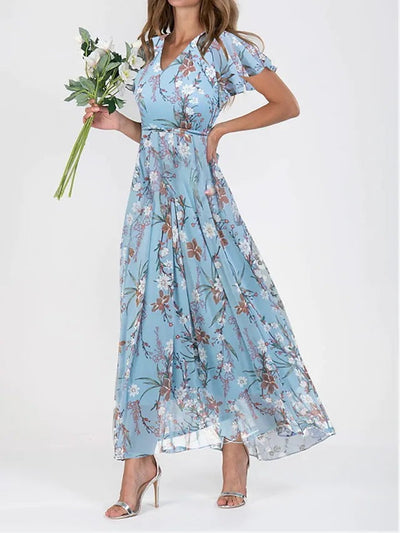 Damen Maxikleid Baumwolle Blumenmuster V-Ausschnitt Sommerlook