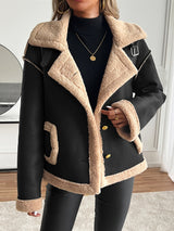 Damen Teddyfelljacke mit Knopfleiste und Seitentaschen – Schwarz
