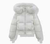 Damen kurzer gesteppter Blouson mit abnehmbarer Kapuze – Weiß