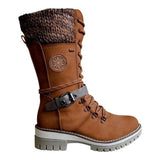 Damen nan gefütterte Schnürstiefel mit gestricktem Schaftbund, dekorativem Schnallenriemen und profilierter Gummisohle Drune – Tiefbraun