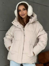 Damen Oversized Steppjacke mit Kapuze und integrierten Taschen – Aprikosenfarbe