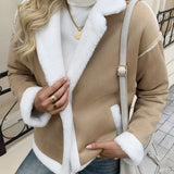 Damen Teddyfelljacke mit Reverskragen und praktischen Taschen – Khaki