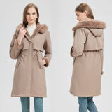 Damen langer Parka mit abnehmbarer Kapuze und taillenverstellbarem Kordelzug – Khaki