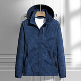 Damen leichte Regen- und Windjacke mit Kapuze und Blattmuster – Herren - Dunkelblau