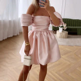 Brautkleid für Damen mit schulterfreiem Ausschnitt – Puffärmel, voluminöser Rock – Rosa