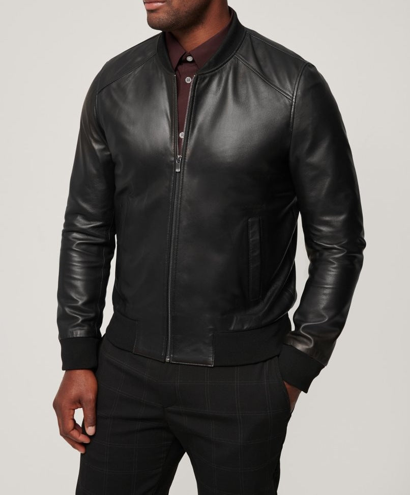 Herren elegante Lederjacke im Biker-Stil mit modischem Stehkragen Aliams