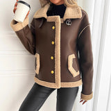 Damen Teddyfelljacke mit Knopfleiste und Seitentaschen – Braun
