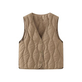 Damen gesteppte Thermoweste mit V-Ausschnitt und Druckknopfleiste – Khaki