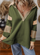 Damen Oversized V-Ausschnitt Gestreifter Sweatshirt – Grün