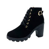 Damen nan elegante Schnür-Stiefelette mit mittlerem Blockabsatz, profilierter Gummilaufsohle und dekorativer Metallschnalle Drune – Schwarz