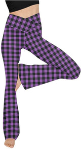 Damen nan taillenhohe Yogahose mit überkreuztem Bund und ausgestelltem Saum mit Schlitz Drune – Lila mit kleinem Karomuster