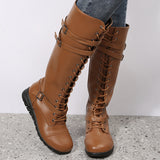 Damen nan kniehohe Military‑inspirierte Schnürstiefel mit seitlichem Reißverschluss verstellbaren Ziergurten und stoßdämpfender Profilsohle Drune – Gelb