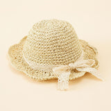 Damen Strohhut mit breiter Krempe und Schleifenband – Beige