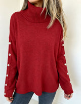 Mara | Damen Oversized Langarm-Turtleneck-Pullover mit Knöpfen – Burgunder