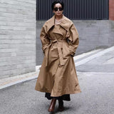 Damen Oversize-Trenchcoat mit Wasserfallkragen und Bindegürtel – Khaki
