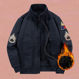 Herren Bomberjacke im Militärstil mit Patches und verdecktem Reißverschluss – Dunkelblau Gefüttert