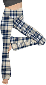 Damen nan taillenhohe Yogahose mit überkreuztem Bund und ausgestelltem Saum mit Schlitz Drune – Apricot (groß/klein Karo)