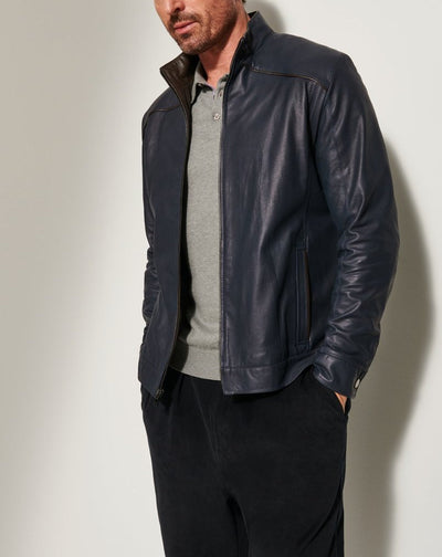 Herren stylische Lederjacke mit modernem Stehkragen und dezenten Kontrastnähten Aliams