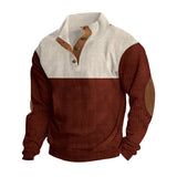 Herren nan strukturiertes Rugby-Pullover mit Stehkragen, Knopfleiste und Leder-Ellenbogenpatches Drune – Apricot + Rot