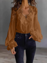 Damen Bluse Mit Langen Puffärmeln Und Spitze – Elegantes Vintage Oberteil – Dunkelbraun