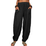 Damen nan lockere Leinenhose mit weitem Bein elastischem Bund und großen aufgesetzten Taschen Drune – Schwarz
