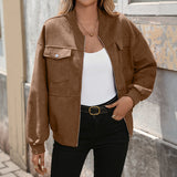 Damen Oversized Bomberjacke mit langen Ärmeln und Brusttaschen – Braun