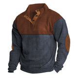 Herren nan gerippter Pullover mit Stehkragen, Knopfleiste und Ellbogen-Patches Drune – Ziegelrot+Blau