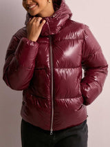 Damen Steppjacke mit verstellbarer Kapuze und Reißverschlusstaschen – Weinrot