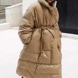 Damen Longline-Parka mit Wickelgürtel und voluminösen Ärmeln – Khaki