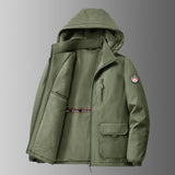 Herren gefütterte Softshell-Winterjacke mit Kapuze und Multifunktionstaschen – Olivgrün