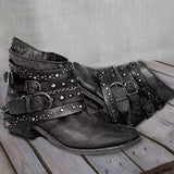 Damen Western Stiefeletten mit Schnallenriemen und Ketten – Schwarz