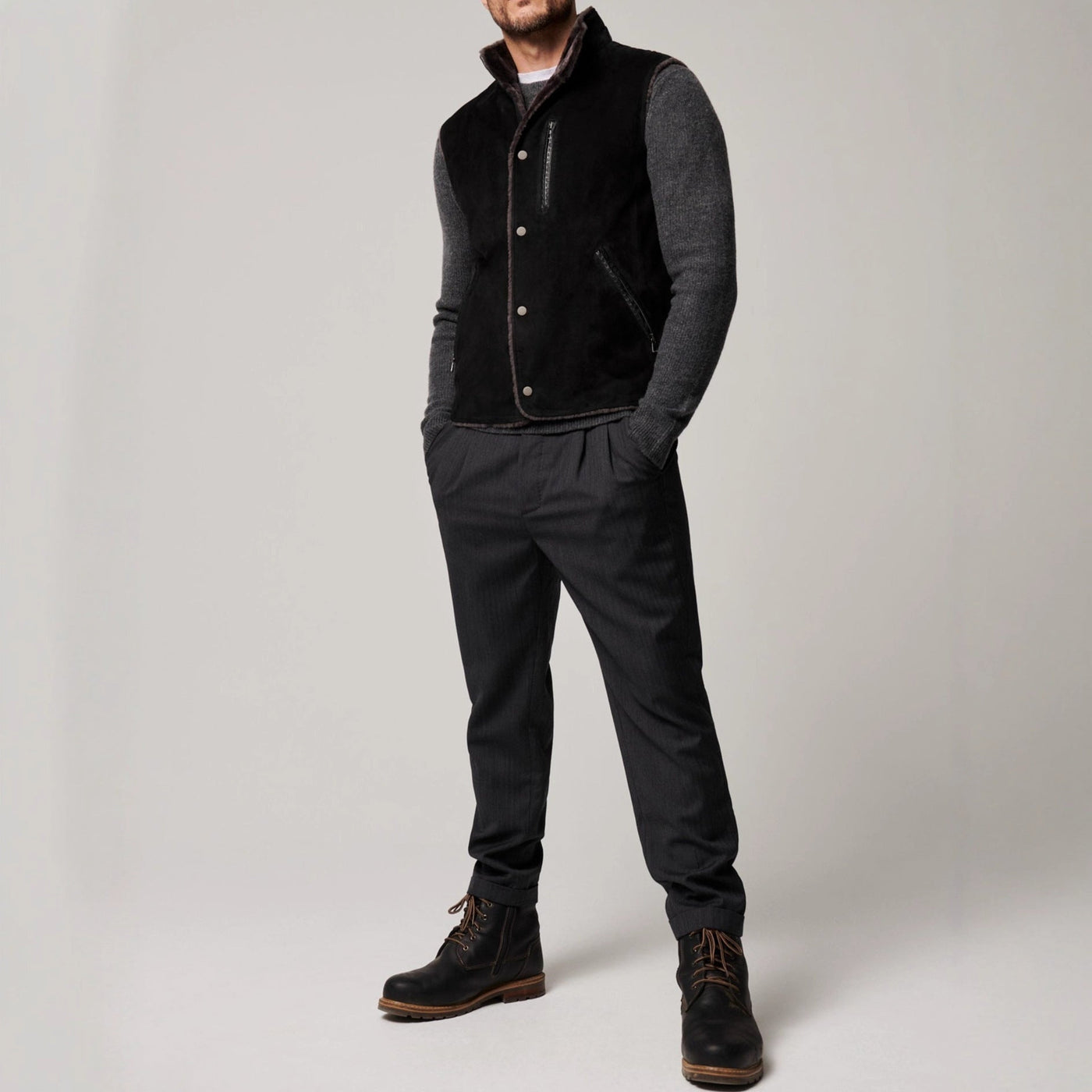 Herren modische Lammfell-Weste mit abnehmbarem Kragen Aliams